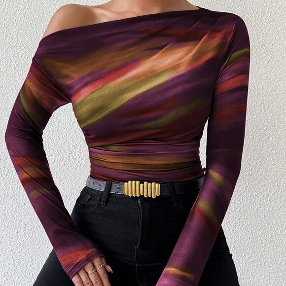 Casual Women's Marble Ombre Print Asymmetric Neck Fitted top - Picture 4 of 6